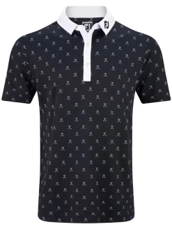 FootJoy Stretch Pique With Golf Print Golf Shirt (Athletic Fit) - Black/White