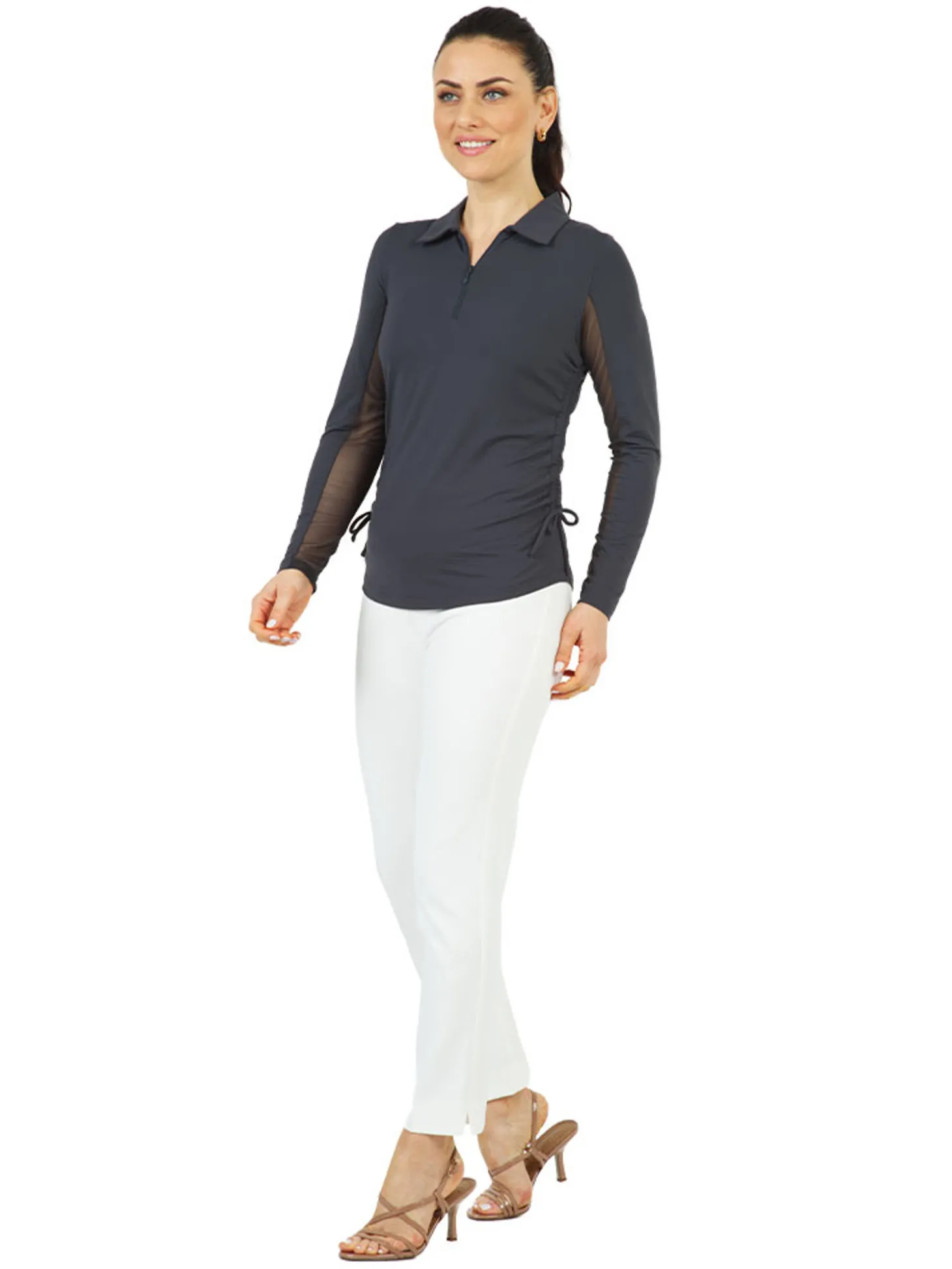 IBKUL Adjustable Long Sleeve Zip Polo - Charcoal