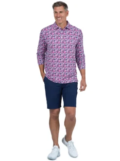 IBKUL Chaos Print Long Sleeve Polo - Watermelon/Ink