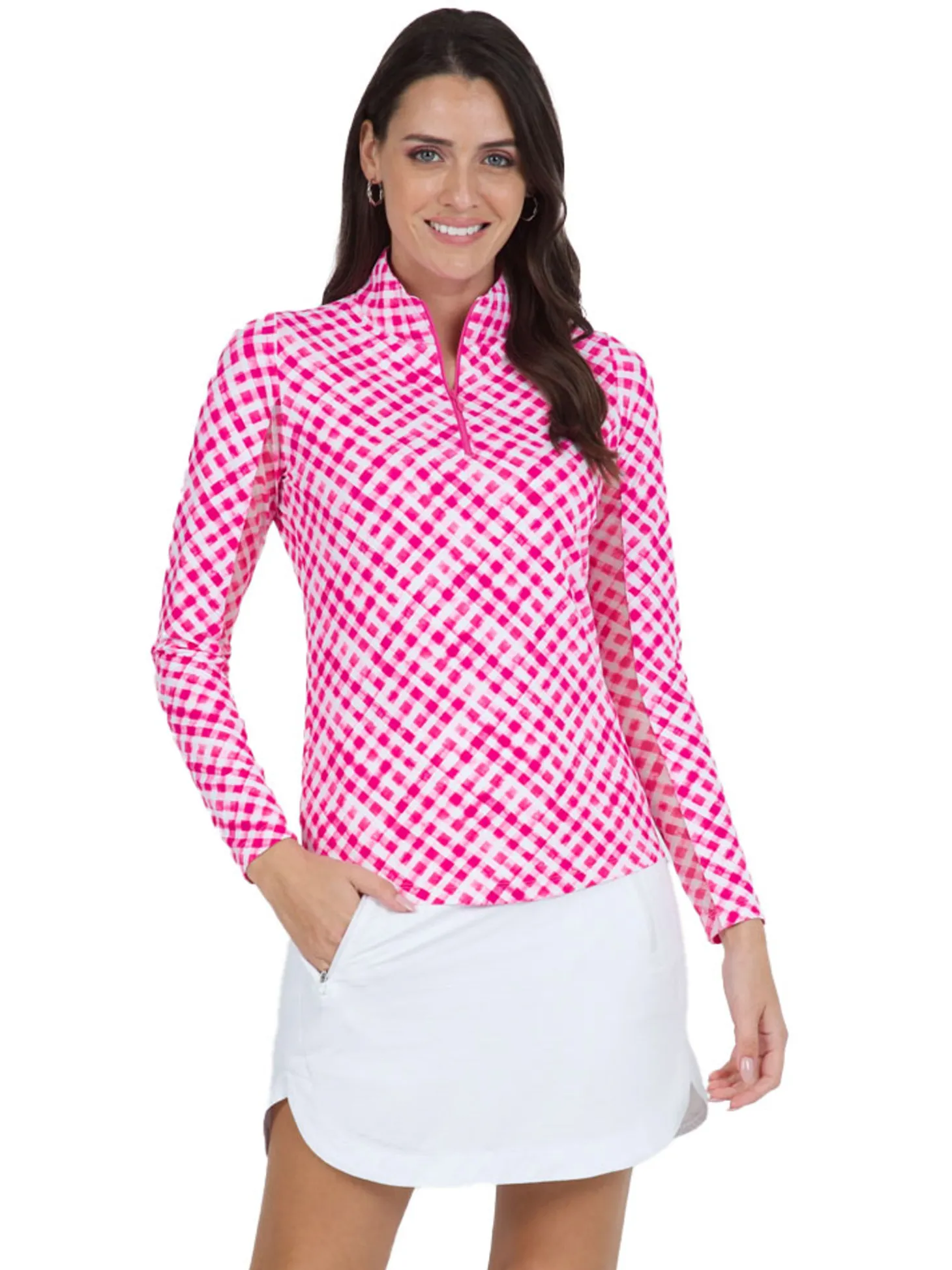 IBKUL Gingham Check Long Sleeve Mock Neck Top - Hot Pink/White